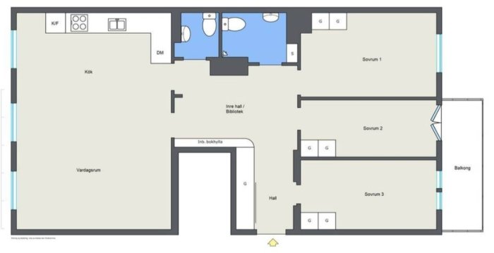 Planritning av en lägenhet med kök, vardagsrum, badrum och tre sovrum, områdena märkta för att visa en ombyggnad.