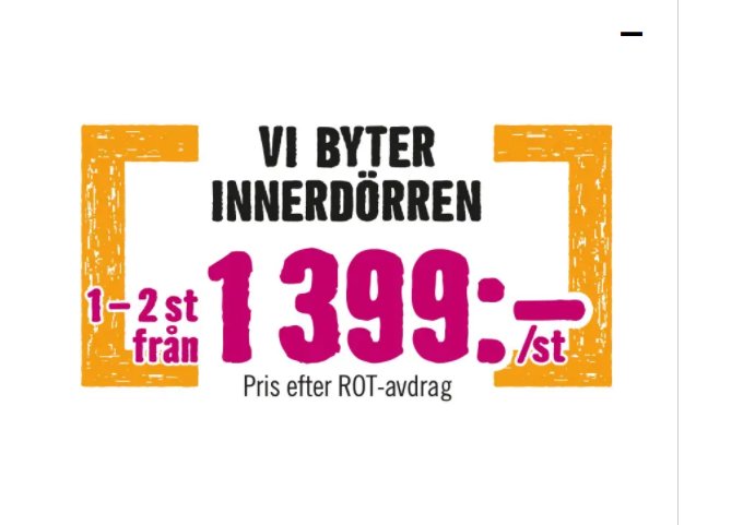 Reklam för byte av innerdörr, erbjudande "1-2st från 1399 kr/st efter ROT-avdrag".