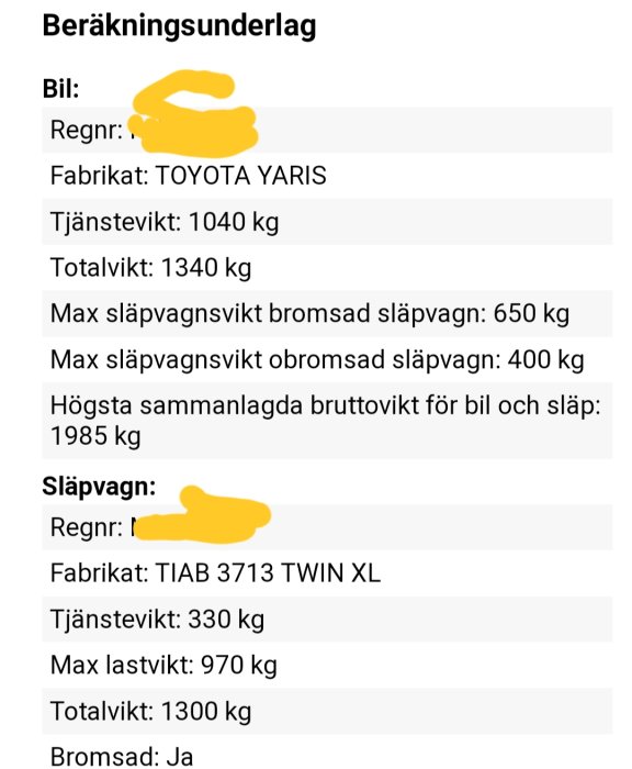 Skärmbild av släpvagnskalkylator visar viktdata för Toyota Yaris och TIAB 3713 släpvagn.