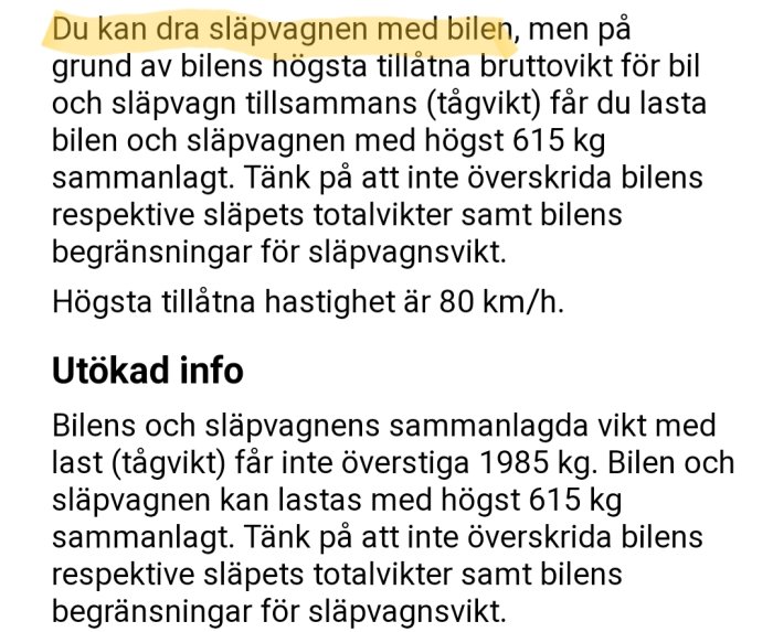 Skärmklipp av forumtråd om regler för släpvagnsvikt och bilens bruttovikt med högst tillåten hastighet.