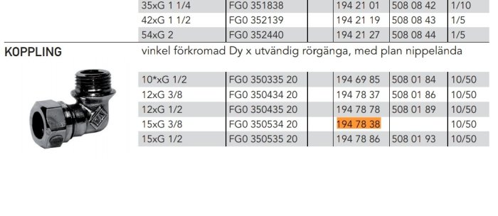 Koppling vinkel förkromad med utvändig rörgänga och plan nippellända, märkt RSK 194 78 38.