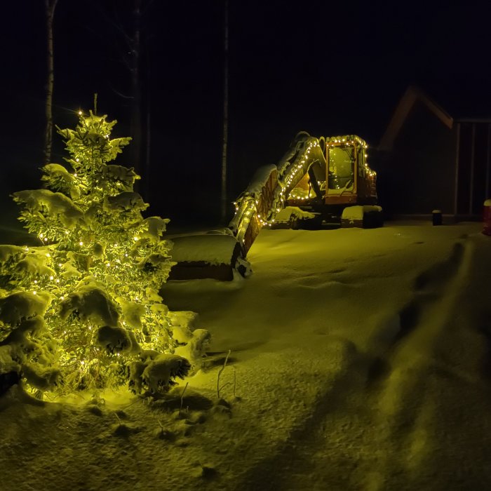 Gran med belysning på snötäckt mark med grävmaskin i bakgrunden och spår i snön.