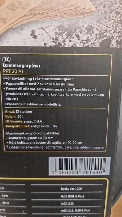 Förpackning av dammsugarpåsar PFT 20 A1 med kompatibilitetsinformation och streckkod.