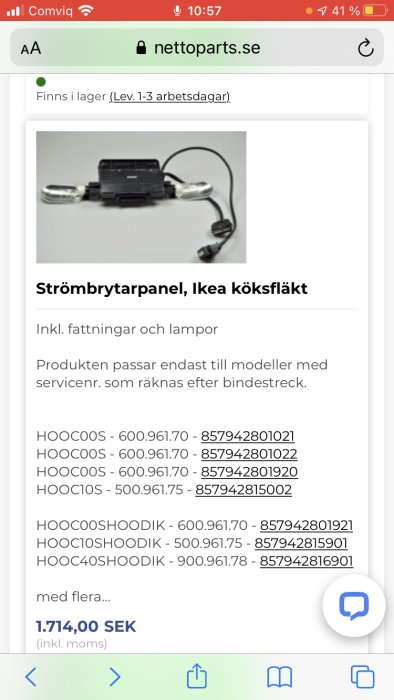 Strömbrytarpanel för IKEA köksfläkt med sladdar och lampor.