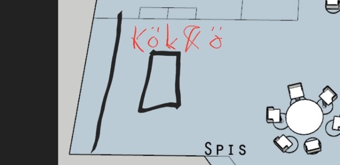 Ritning med föreslagen bytest av köks- och vardagsrumsplacering, markerat "KÖK" och "SPIS" med möbler.