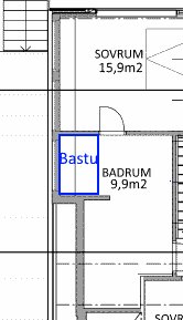 Arkitektonisk planritning visar sovrum, badrum och planerad bastu för en renovering av ett 1,5 plans hus.