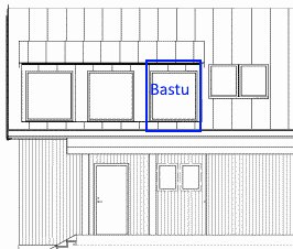 Arkitektonisk ritning av 1,5-plans hus med markerad planerad bastu på övervåningen.