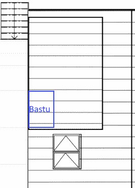 Ritning av en våningsplan med markerad bastu, fönster och takstruktur, som relaterar till byggdiskussion.