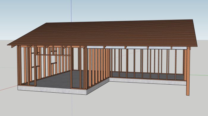 3D-modell av en dubbel carport med trätak och stolpar, platta på mark.