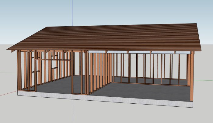 3D-skiss av en dubbel carport på en betongplatta med trästomme och tak.