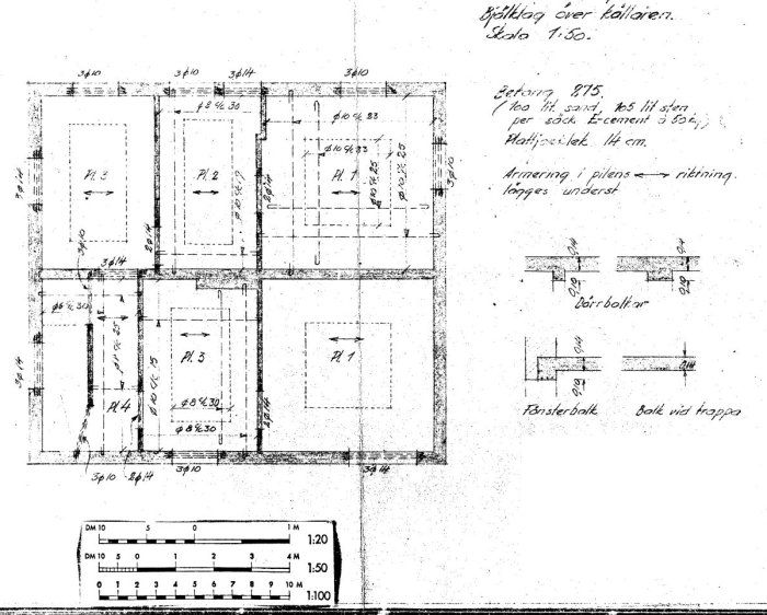 Äldre arkitektritning av en källarvåning i ett funkishus från 1947 med mätmarkeringar och detaljer.