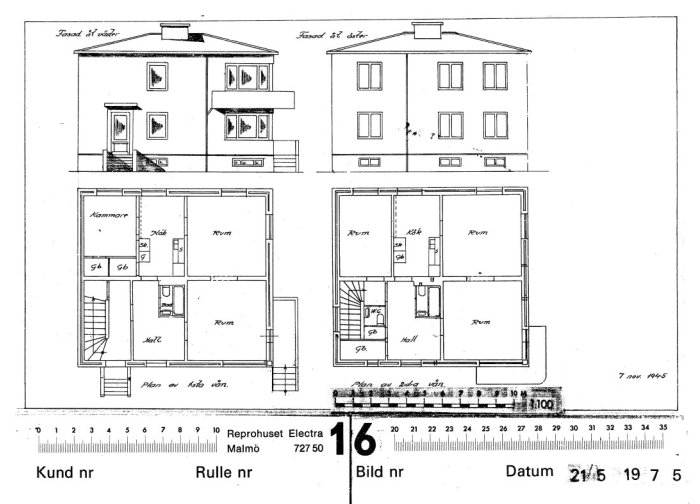 Arkitektritning av ett funkishus från 1947, visar fasader och planlösning med markeringar för ändringar.