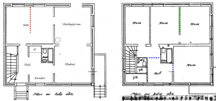 Arkitektritningar av två våningsplan i funkishus, med markeringar för att ta bort och lägga till väggar.