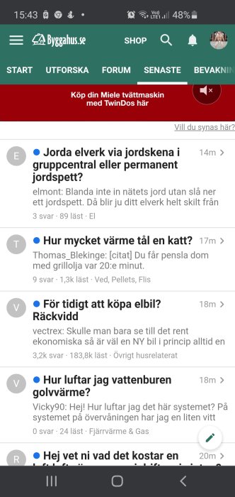 Skärmdump från diskussionsforum med fokus på bygg och renovering som visar trådar om elverk, katters värmekapacitet och köp av elbil.