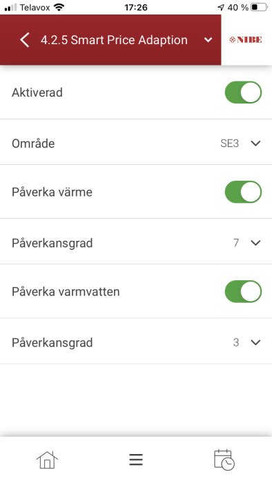 Skärmdump av menyn 4.2.5 Smart Price Adaption i en värmepumpsapp med aktiveringsalternativ.