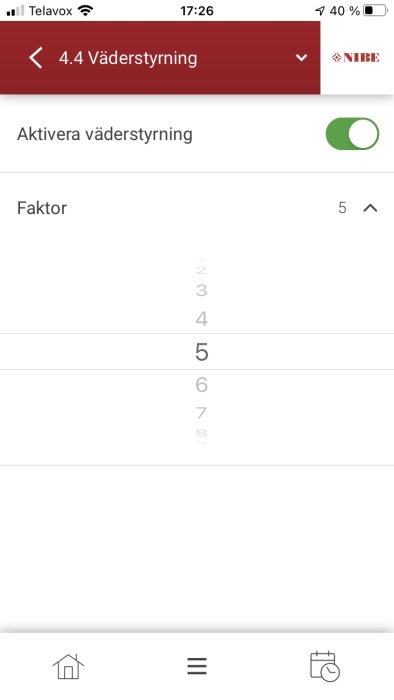 Skärmdump av smart hem-styrningsapp med meny 4.4 Väderstyrning och aktiverad väderstyrningsfunktion.