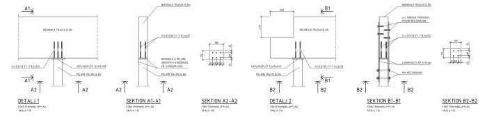 Arkitektoniska detaljritningar för byggkonstruktion i svartvitt med mått och anmärkningar.