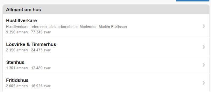 Skärmdump av diskussionsforum som visar kategorier som Husleverantörer och Lösvirke & Timmerhus.