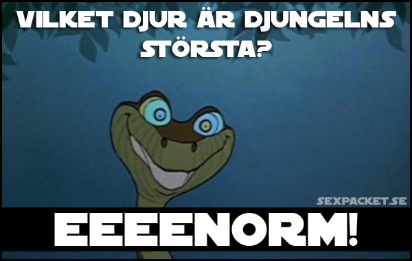 Animerad orm med stora ögon och texten "Vilket djur är djungelns största? EEEENORM!