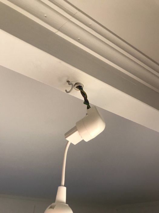 Elektriska kablar sticker ut från ett flexrör i en träbalk med en taklampa i förgrunden.