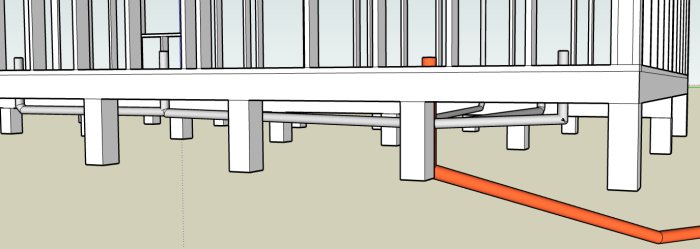 3D-illustration av husstomme med avloppsrör placerade under golvkonstruktionen.