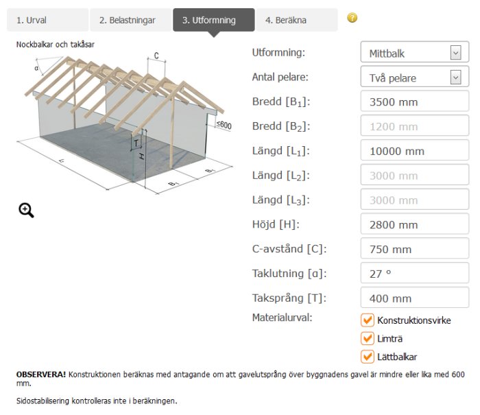 Digital skiss av en växthusstruktur med dimensioner och vinklar angivna, tvärgående balkar och takstolar framhävda.