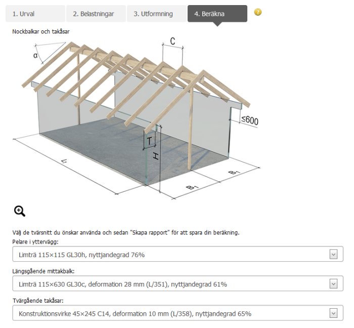 3D-ritning av växthusstomme med angivna mått och använda material, inklusive takvinkel och tvärgående balkar.