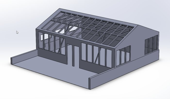 CAD-modell av ett växthus med kraftiga tvärgående balkar och skissade reglar.