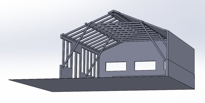 3D-skiss av en växthusstruktur med tjocka tvärgående balkar och en takvinkel på 27,5 grader.