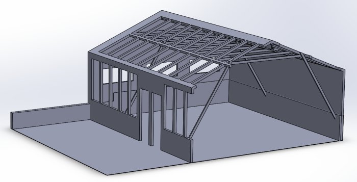 3D-modell av ett växthus med kraftiga tvärgående balkar och stödsektioner.