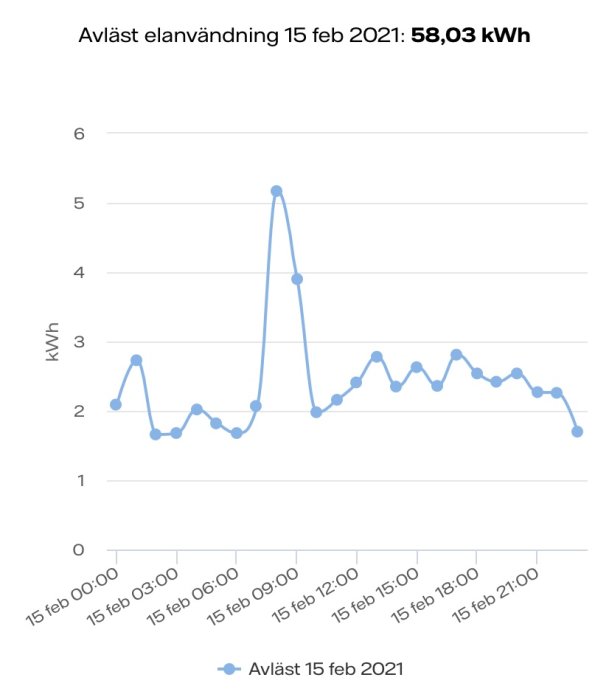 Graf över dygnsförbrukning av el med en tydlig topp vid 08:00 och totalförbrukning på 58,03 kWh noterad.