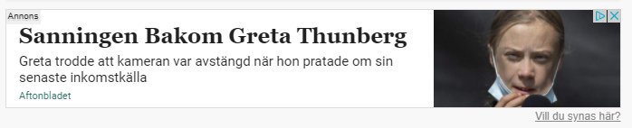 Annonsskärmbild med texten "Sanningen Bakom Greta Thunberg" och en bild på en person som täcker sin mun.