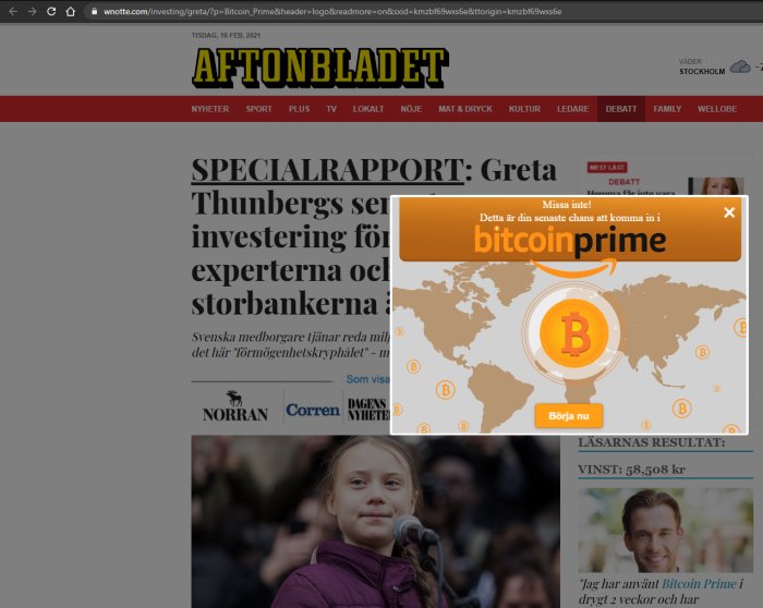 Skärmdump av en falsk annonssida med Aftonbladets logotyp och en pop-up för Bitcoin Prime.