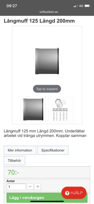 Längdmuff 125 mm diameter och 200 mm längd för koppling av ventilationsrör.