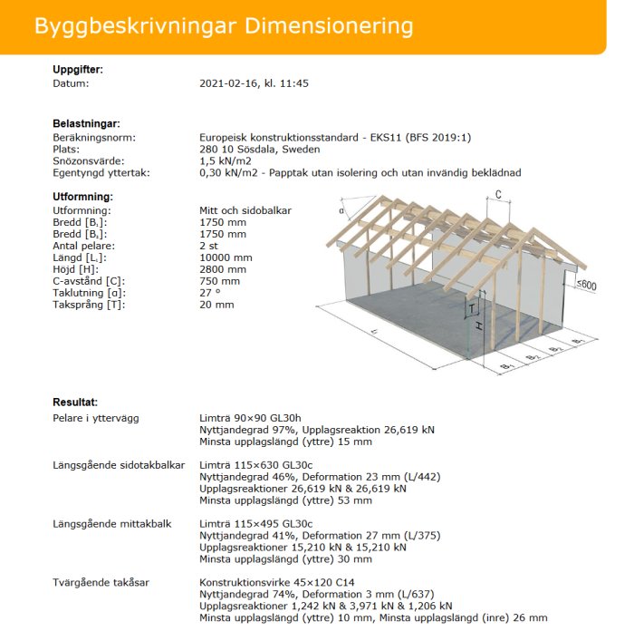 Teknisk ritning av en träkonstruktion med måttangivelser och specifikationer för dimensionering.