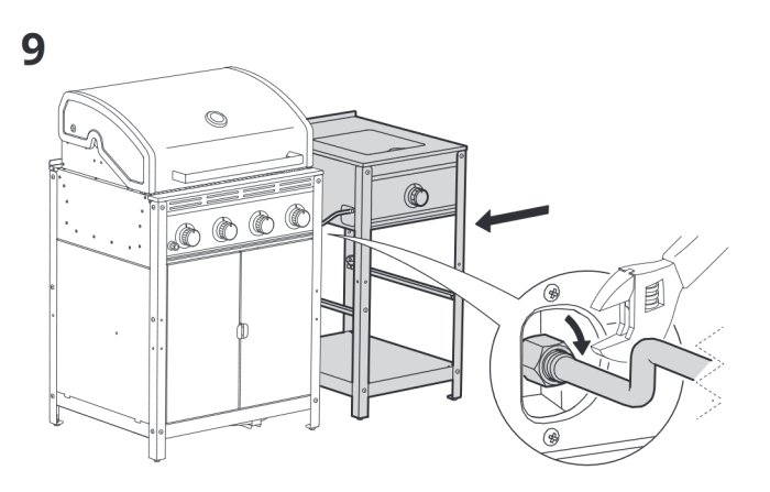 Illustration av en grill med sidobord och en förstorad vy av en gasolslanganslutning.