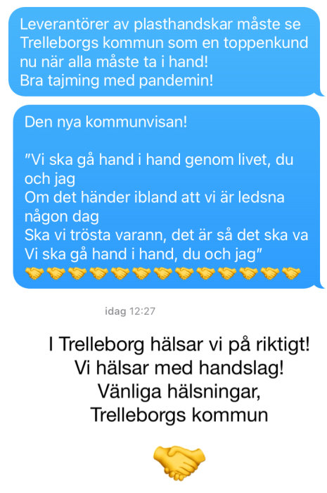 Skärmavbild av textkonversation som refererar till handskar och hälsningar med handsymboler.