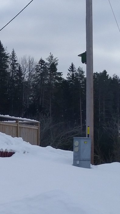 Ett elskåp med två antenner i vinterscen med snö och skog i bakgrunden.