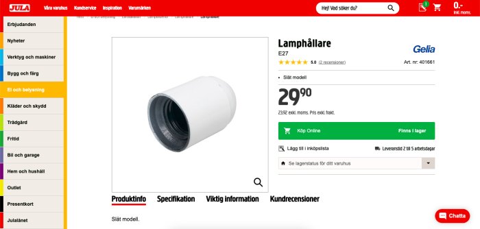 Vit lamphållare E27 modell från webbutik som en del i elbyte för en gammal mässingslampa.