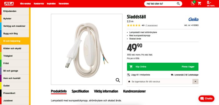 Vit lampsladd med strömbrytare och europeisk stickpropp visad på webbsida.