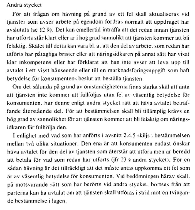Närbild av en text i ett dokument som beskriver konsumenttjänstlagens bestämmelser om hävning av avtal.