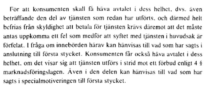 Textutdrag från proposition om konsumenttjänstlag med rätt för konsumenten att häva avtal vid delvis utförda tjänster.