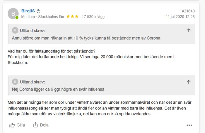 Skärmdump från ett forum där användare diskuterar långtidscovid och jämför dödlighet med influensa.