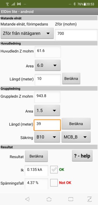 Skärmdump av gränssnittet i appen ELDim för beräkning av elinstallationer, visar fält för matande elnät, huvudledning och gruppeldning.