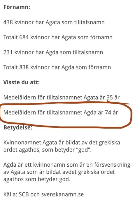 Statistik över medelåldern för namnet Agda markerad på en sida, visar 74 år.
