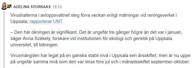 Skärmdump av diskussionsforum med text om ökande smittspridning i Uppsala rapporterad av UNT.