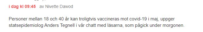 Skärmdump av foruminlägg om att personer mellan 18 och 40 år sannolikt kan vaccineras mot Covid-19.