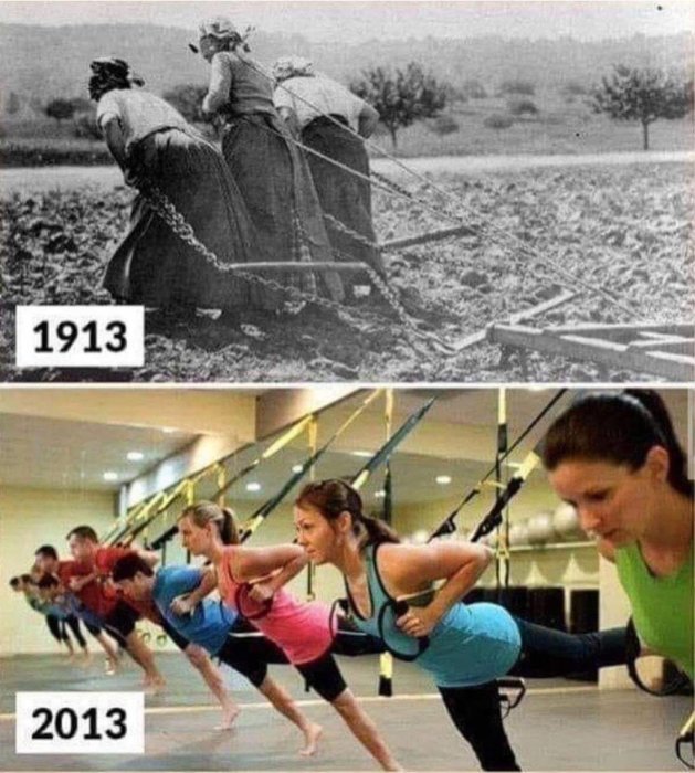 Kollage av kvinnor som plöjer ett fält 1913 jämfört med kvinnor som tränar i gym 2013.