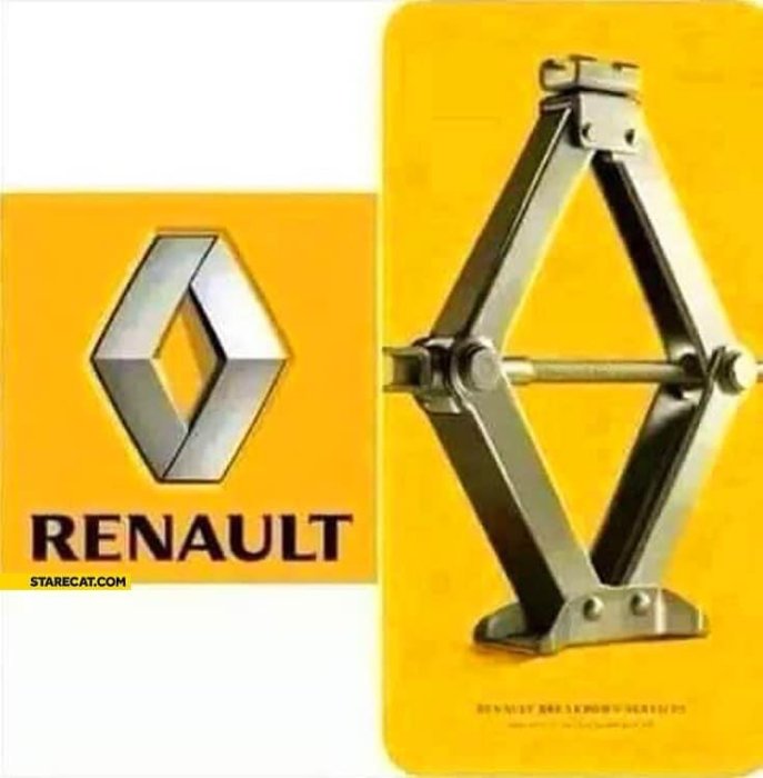 Logo för Renault och en fällbar vevdomkraft som påminner om logon.