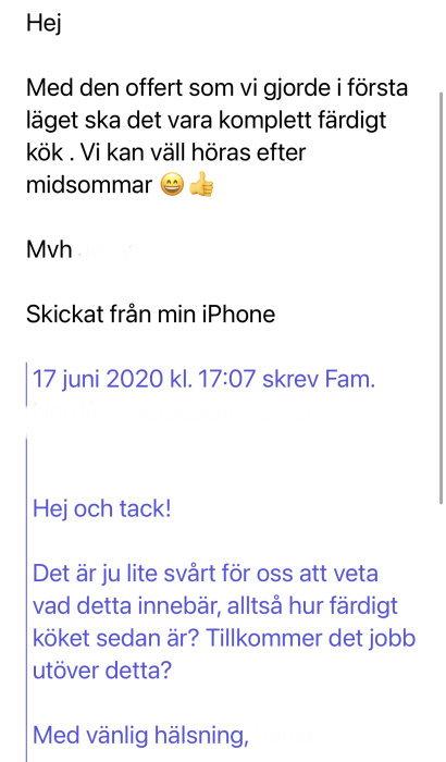 Skärmdump av en e-postkonversation om en offert för ett köksbygge med frågor om projektets omfattning.